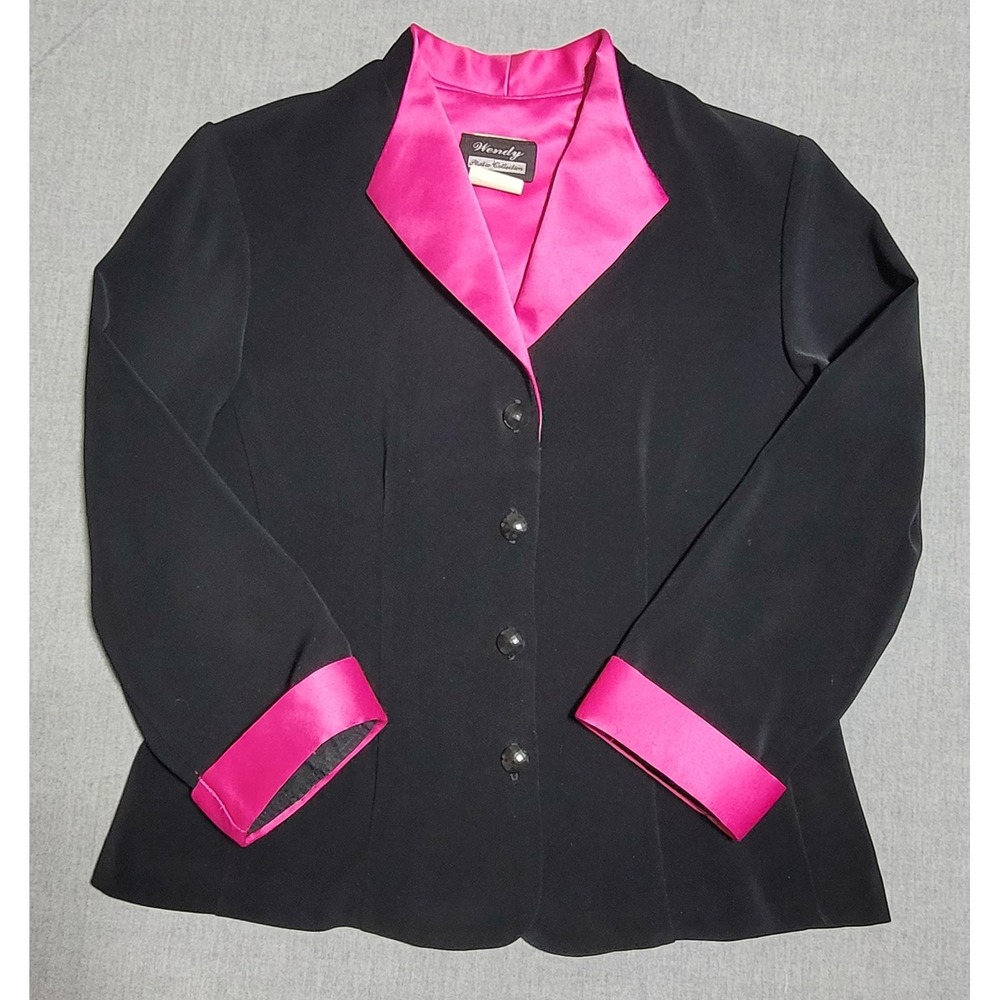 Vintage Blazer Jacket Womens Button Down Black Pink Satiny Accents Work Job Sz 8